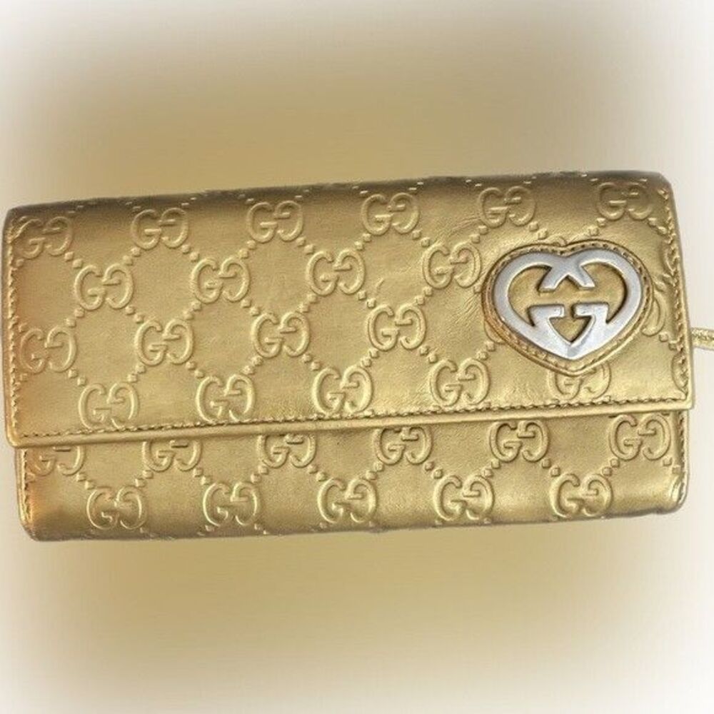 Rare Gucci Metallic Guccissima Leather Flap Over Wallet Heart GG Gold EMBOSSED
